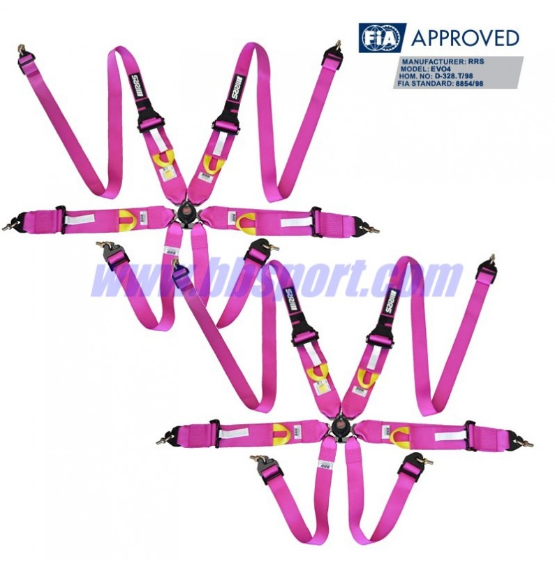 2 X Cinturones arneses homologados 3+2" para HANS FIA de 6 puntos RRS EVO 6 color Fucsia (ESPECIAL POR ENCARGO)