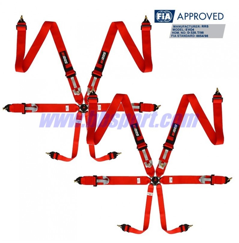 2 X Cinturones arneses homologados FIA de 6 puntos RRS EVO 6 color rojo RSS equipamiento - 1