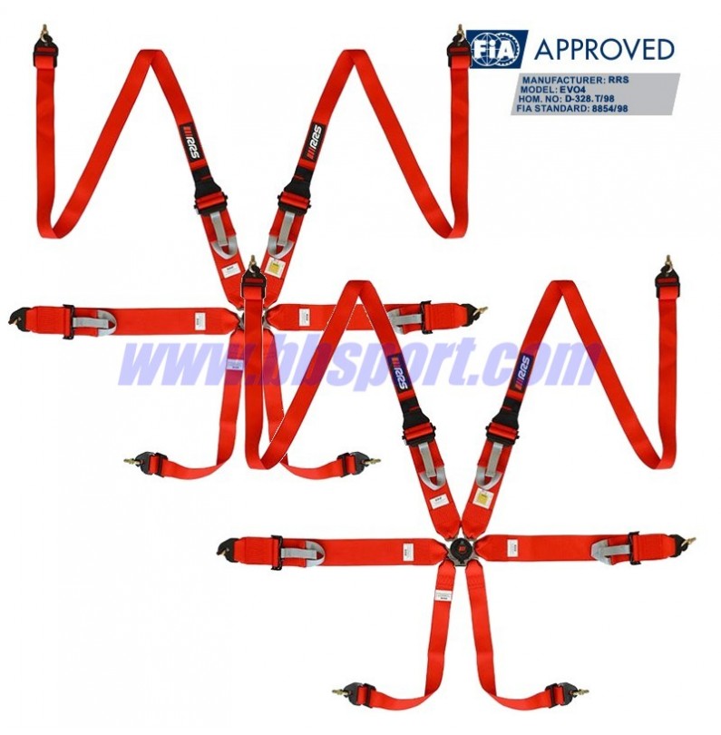 2 X Cinturones arneses homologados FIA de 6 puntos RRS EVO 6 HANS 3" + 2" Color rojo