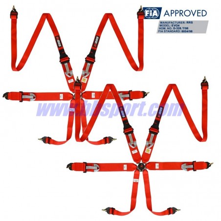2 X Cinturones arneses homologados FIA de 6 puntos RRS EVO 6 HANS 3" + 2" Color rojo