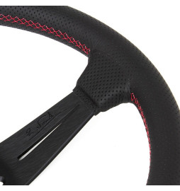 Nardi Deep Corn Steering Wheel, Black Perforated Leather, Black Spokes, Red Stitching, 80 mm Dish, Ø35 cm