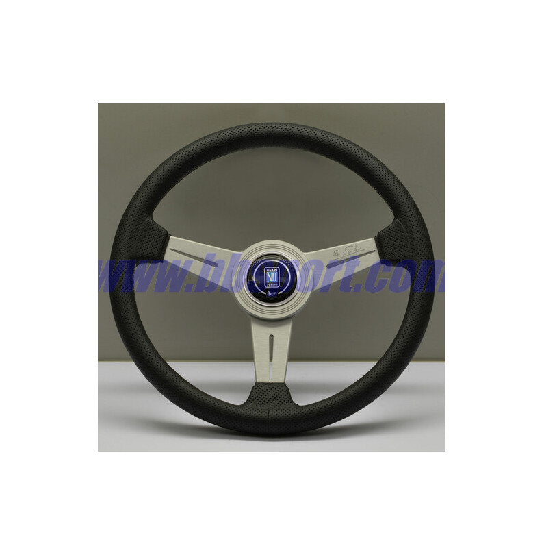 Nardi Classic ND34 Steering Wheel, Black Perforated Leather, Satin Spokes, Grey Stitching, 40 mm Dish Nardi Classic ND34 Steering Wheel, Black Perforated Leather, Satin Spokes, Grey Stitching, 40 mm Dish