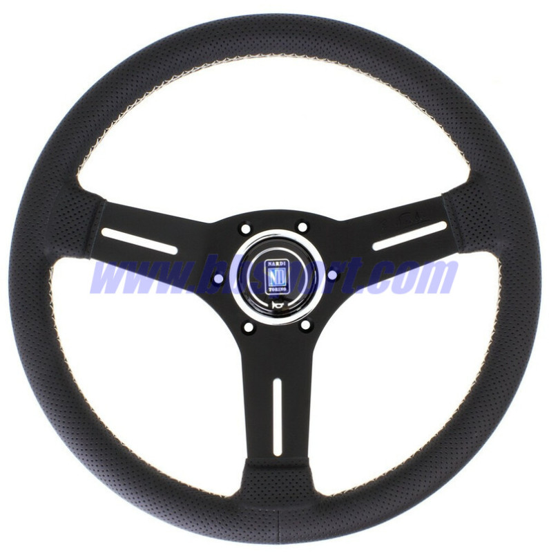 Nardi Competition Steering Wheel, Black Perforated Leather, Black Spokes, Grey Stitching, 40 mm Dish, Ø33 cm Nardi Competition Steering Wheel, Black Perforated Leather, Black Spokes, Grey Stitching, 40 mm Dish, Ø33 cm