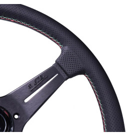 Nardi Deep Corn Steering Wheel, Black Perforated Leather, Black Spokes, Italia Stitching, 50 mm Dish, Ø33 cm
