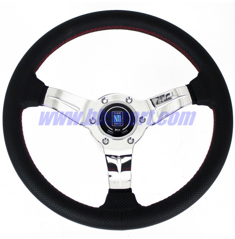 Nardi Deep Corn Steering Wheel, Black Perforated Leather, Chrome Spokes, Red Stitching, 50 mm Dish, Ø33 cm Nardi Deep Corn Steering Wheel, Black Perforated Leather, Chrome Spokes, Red Stitching, 50 mm Dish, Ø33 cm