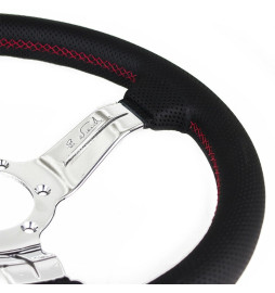 Nardi Deep Corn Steering Wheel, Black Perforated Leather, Chrome Spokes, Red Stitching, 50 mm Dish, Ø33 cm