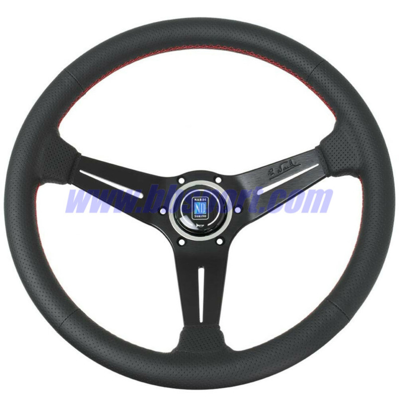 Nardi Classic ND36 Steering Wheel, Black Perforated Leather, Black Spokes, Red Stitching, 40 mm Dish Nardi - 1