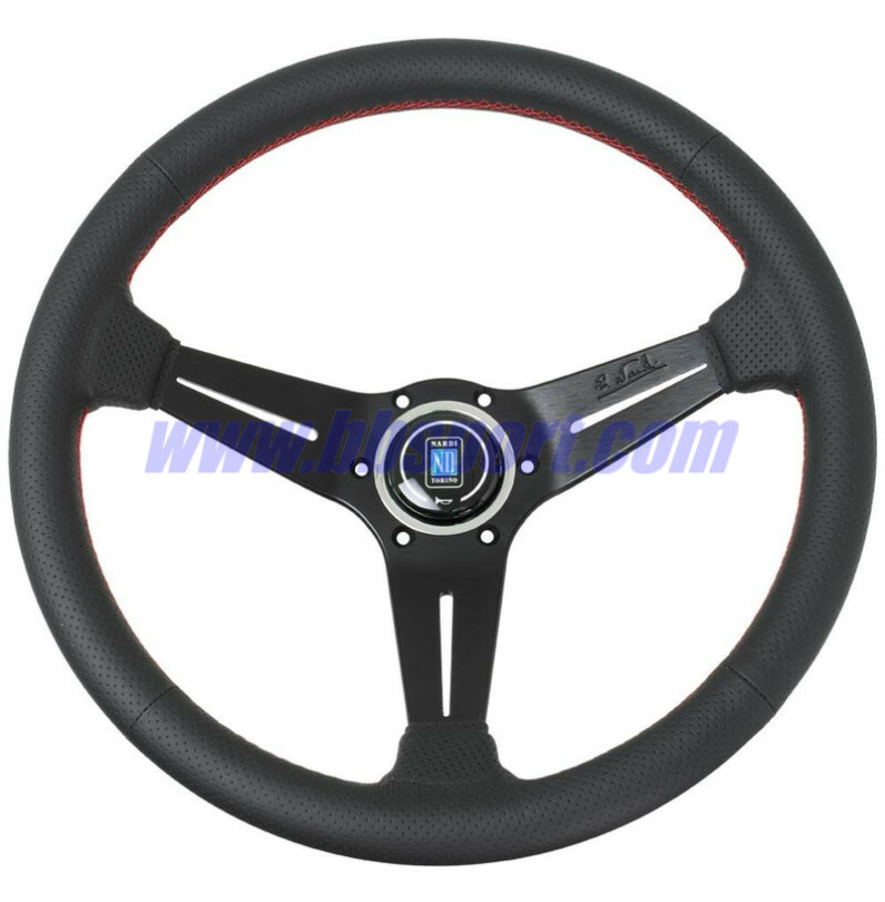 Nardi Classic ND36 Steering Wheel, Black Perforated Leather, Black Spokes, Red Stitching, 40 mm Dish Nardi - 1 Nardi Classic ND36 Steering Wheel, Black Perforated Leather, Black Spokes, Red Stitching, 40 mm Dish Nardi - 1