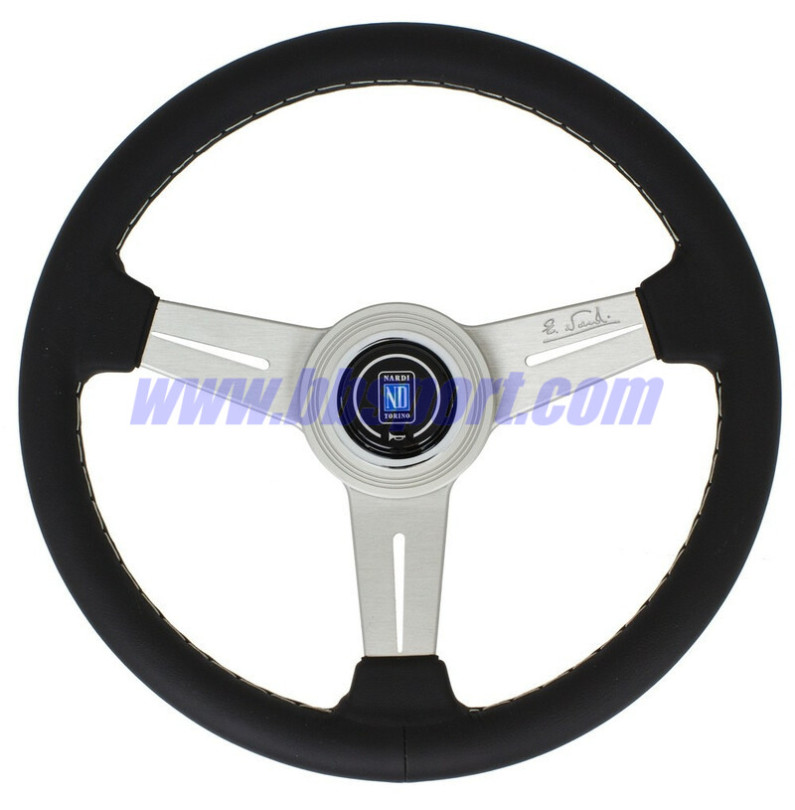 Nardi Classic ND33 Steering Wheel, Black Leather, Satin Spokes, Grey Stitching, 40 mm Dish Nardi Classic ND33 Steering Wheel, Black Leather, Satin Spokes, Grey Stitching, 40 mm Dish