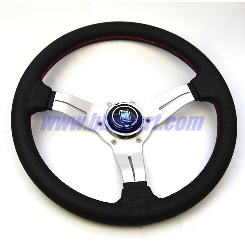 Nardi Deep Corn Steering Wheel, Black Perforated Leather, Satin Spokes, Red Stitching, 50 mm Dish, Ø33 cm Nardi Deep Corn Steering Wheel, Black Perforated Leather, Satin Spokes, Red Stitching, 50 mm Dish, Ø33 cm