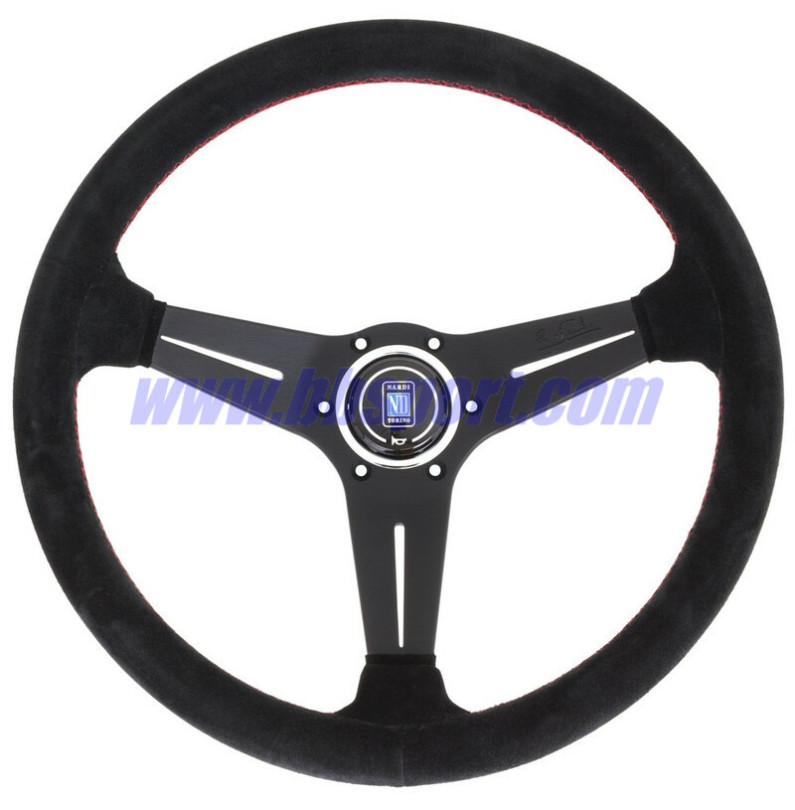 Nardi Deep Corn Steering Wheel, Suede, Black Spokes, Red Stitching, 75 mm Dish, Ø35 cm Nardi Deep Corn Steering Wheel, Suede, Black Spokes, Red Stitching, 75 mm Dish, Ø35 cm