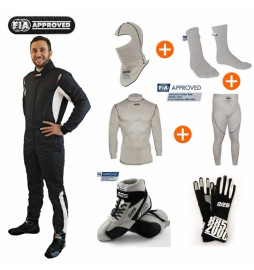 Pack indumentaria piloto FIA BEGINNER RRS Diamond Star Black mono + botas + guantes + ropa interior