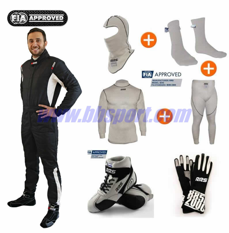 Pack indumentaria piloto FIA BEGINNER RRS Diamond Star Black mono + botas + guantes + ropa interior