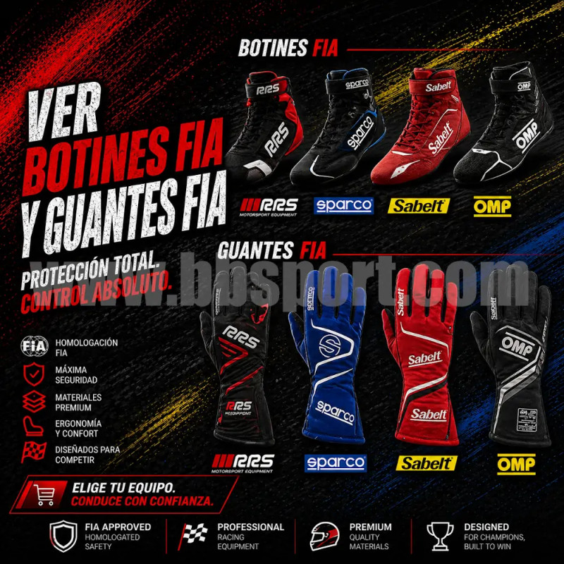 Guantes FIA y botines FIA ignífugos para automovilismo, RRS, Sparco, OMP, Sabelt