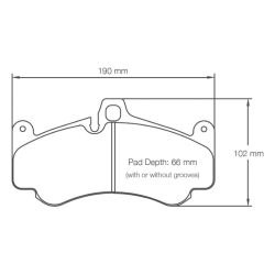 Dibujo oficial de la pastilla Pagid Racing 2707 (190 × 102 mm, 18 mm de grosor)